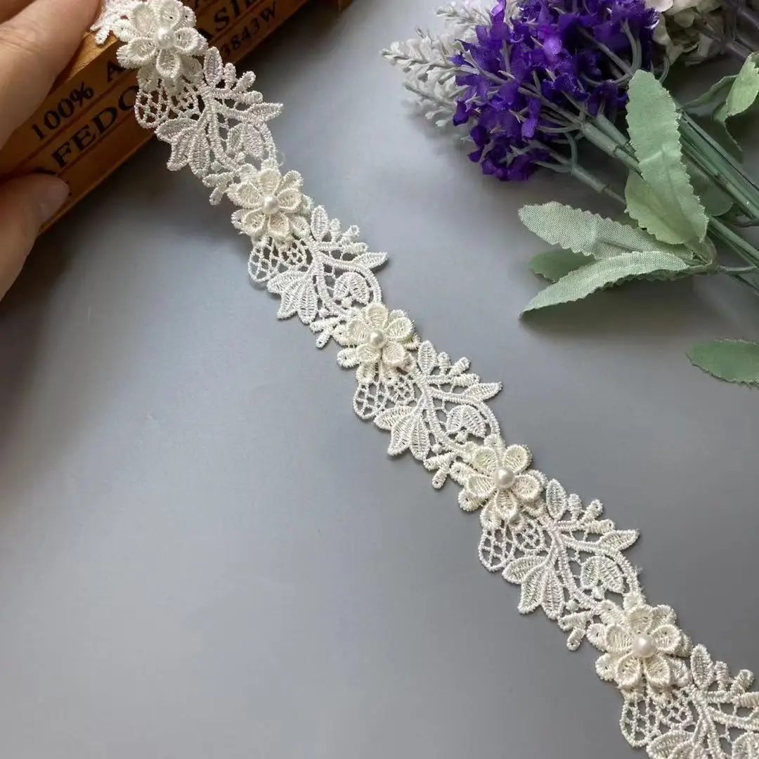 

2 Yard Ivory Pearl Flower Embroidered Soluble Polyester Fabric Lace Trim Ribbon Handmade Sewing Craft For Costume Hat Decoration