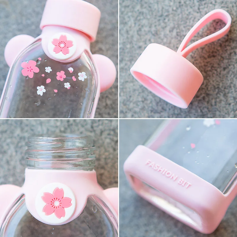 

Kawaii Glass Water Bottle With Lid Cherry Blossom Sport Travel Portable Drinking Flat Bottle Cute Juice Tea Milk Cup For Girl