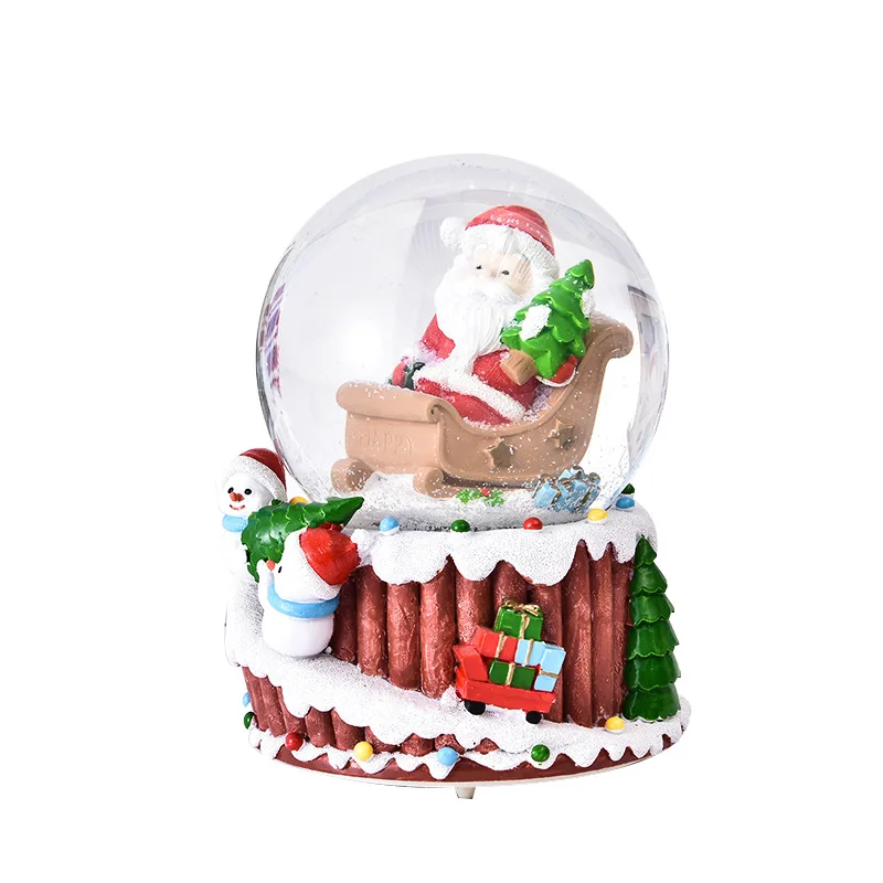 

Wood pile base snowflakes with lamp crystal ball music box custom holiday decoration glass water polo resin ornaments