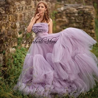 lavender strapless tulle prom gowns puff ruffles tulle a line formal party gowns floor length charm girls summer dresses lace up