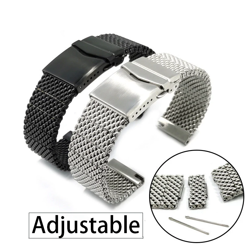 2020 New Mens Shark Mesh 22mm Steel Strap Mechanical Replacement Watches Bands 22mm Stainless 316L Steel Bracelets 22MM Watch