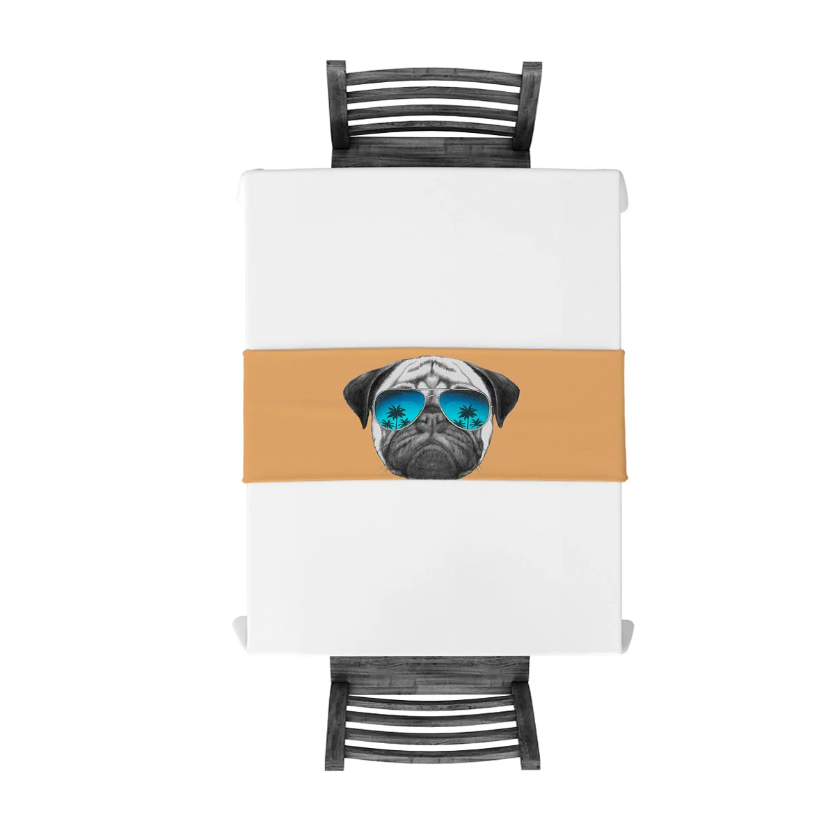 Скатерть для стола современная в виде мопса с солнцезащитными очками оранжевая