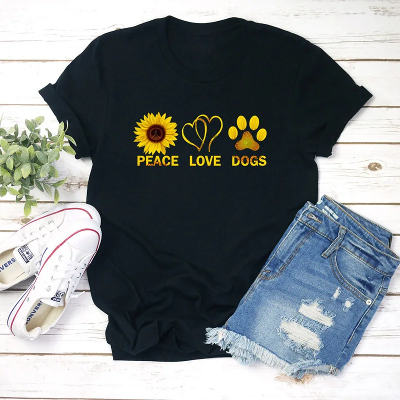 100% футболка из чистого хлопка с надписью Peace Love Dogs Женская свободная коротким