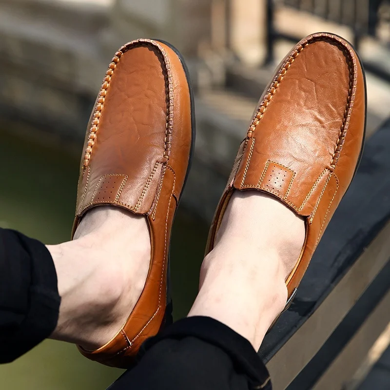

Genuine Leather Men Casual Shoes SUAG Brand 2021 Mens Loafers Moccasins Breathable Slip on Black Driving Shoes Plus Size 37-47