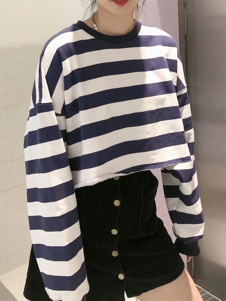 

Уютный женский короткий свитшот в полоску, с круглым вырезом и длинным рукавом, Модный женский винтажный пуловер, флисовый женский свободный топ, весна 2022