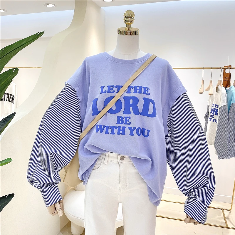 

2021 Spring Autumn Patchwork Stripes Sleeve Design Lady Hoodie Simple Letters Top Large Size All-Match Pullover Sweatshirt