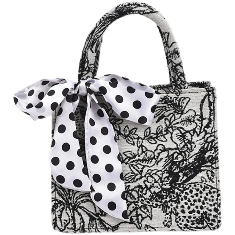 

Large Capacity Bag Lady 2021 New Embroidered Silk Scarf With Bow Wrap Small Square Bag Hand Carried Cross-Slung Canvas Bag