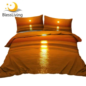 BlessLiving Sunset Bedding Set Spain Majorca View Duvet Cover Set 3pcs Natural Scenery Bed Cover Beautiful Landscape Bedspreads 1