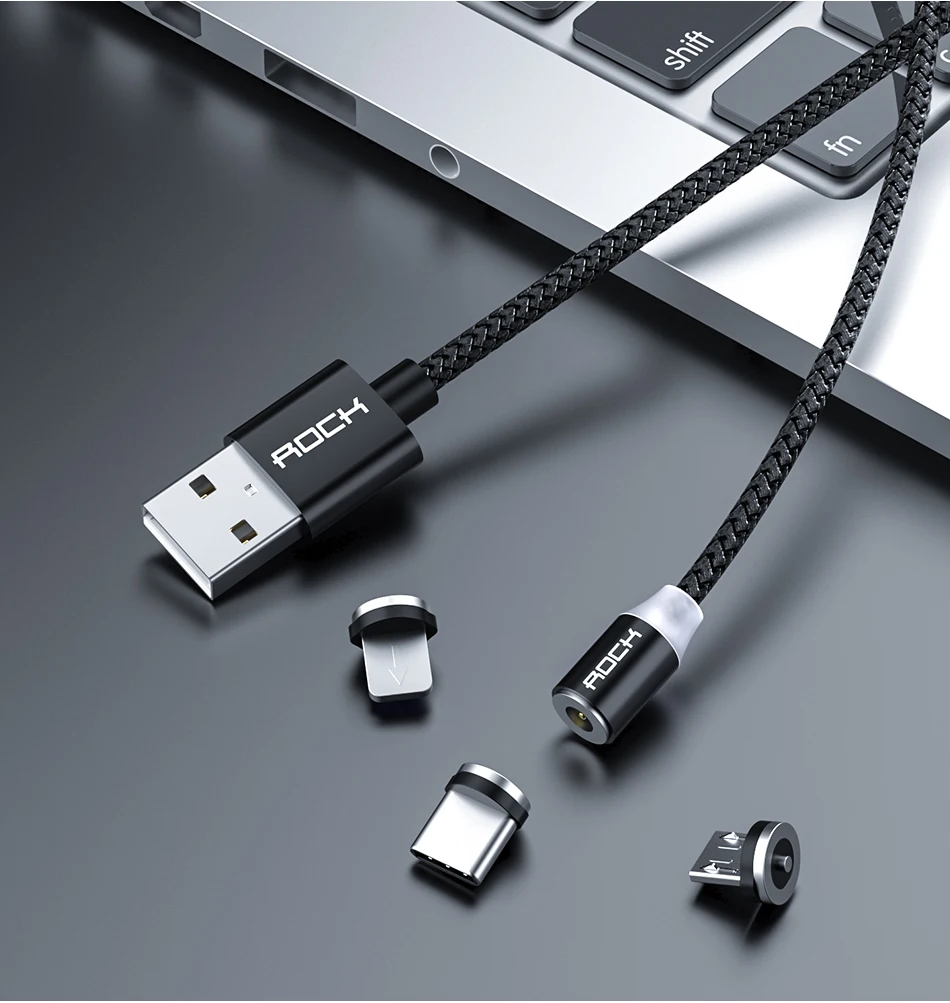 Магнитный кабель ROCK для быстрой зарядки с разъемом type-C Micro Usb для быстрой зарядки Usb C светодиодный светильник для iPhone Xiaomi huawei Phone 1 м магнитное зарядное устройство