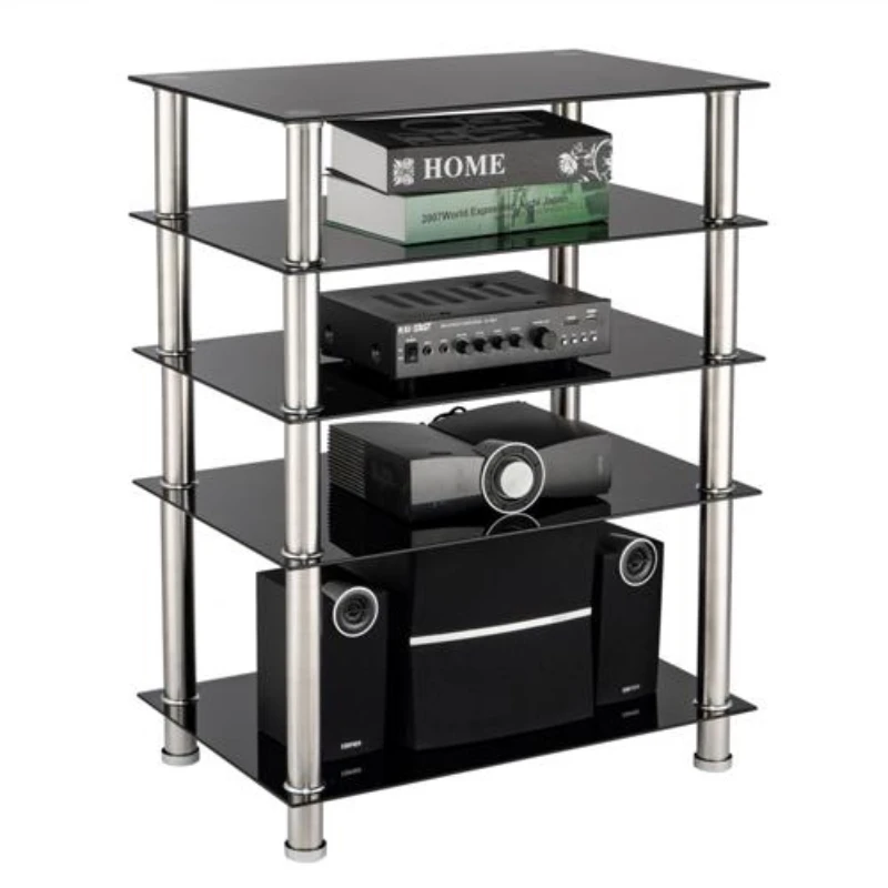 

Tempered Glass Simple Five Layer TV Cabinet TV Stand 60x40x79.5CM Suitable for TV Under 60 Inch TV Black[US-Stock]