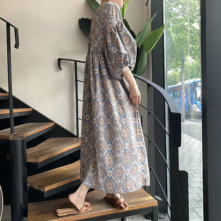 SHENGPALAE 2022 New Summer Women Vintage Loose High Waist Slim Was Thin Elegant V-neck Lantern Sleeve Maxi Dress ZA4776 | Женская одежда