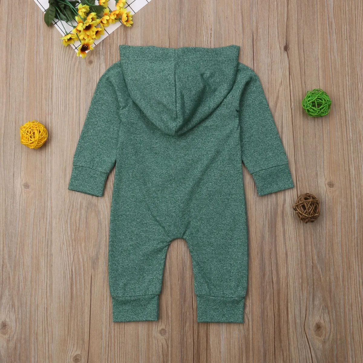 Newborn Unisex Clothes Green Baby Romper Long Sleeve Hoodie Hooded Button Down One Piece Outfits