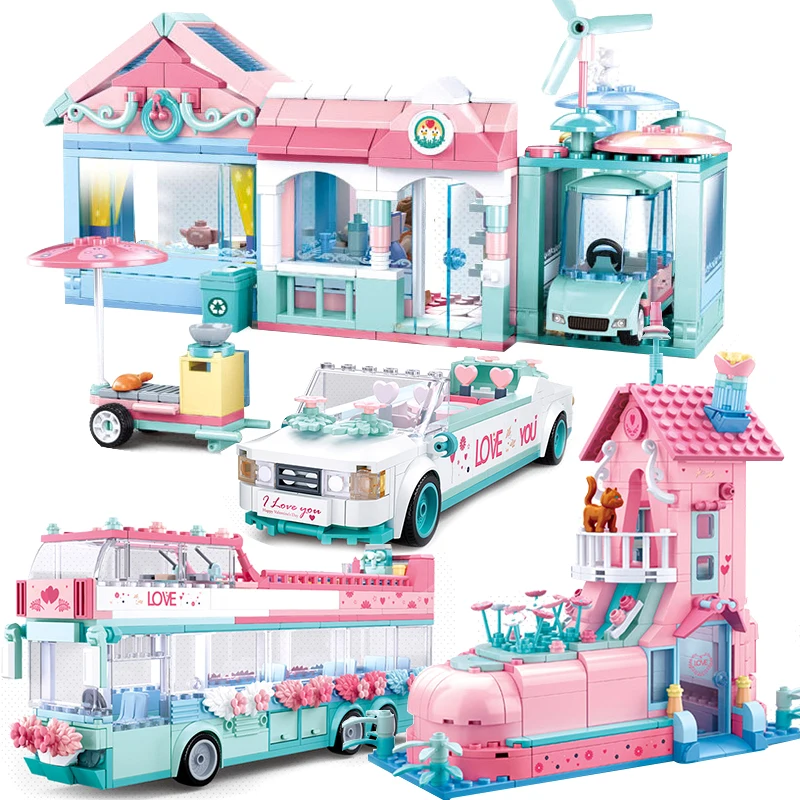 Совместимый дом с деревом для друзей Розовый автобус гоночный автомобиль