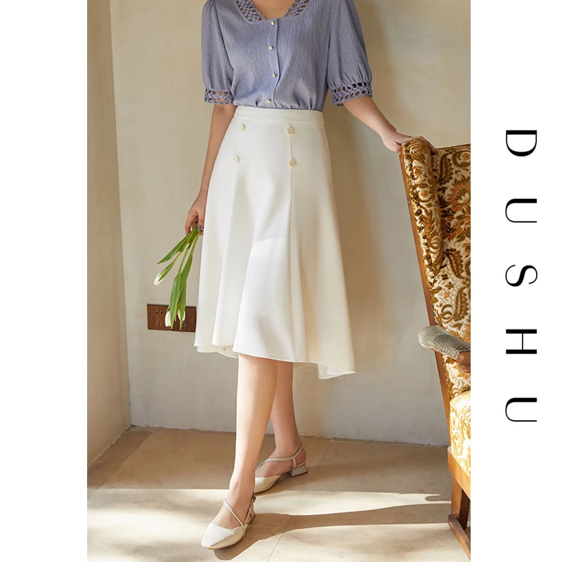 

DUSHU Plus Size White Yellow High Waist Skirt Office Lady Mid-length Skirt 2021 New Korean Style Sexy Skirts For Womens