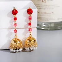 classic ethnic red beads long indian earrings gold bells earrings alloy pearl jhumka earrings orecchini donna