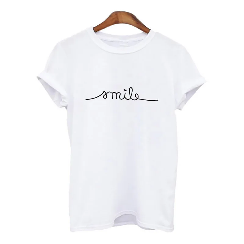

2021Hipster Women T shirt Smile Letter Print 90s Short Sleeve Girls T-shirt Graphic Tee Shirts Vogue Print Female