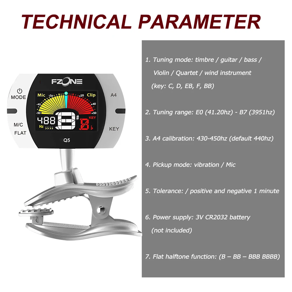 

FT-Q5 Chromatic Clip-on Guitar Tuner 360 Degree Rotatable for Guitar Bass Violin Ukulele Brass Woodwind Instruments Accessories