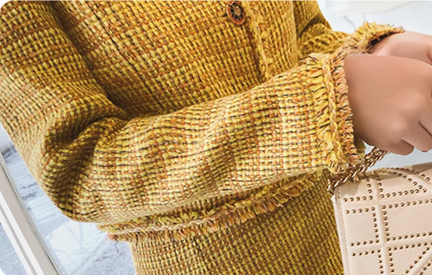 HAMALIEL Brand Runway Tweed Two Piece Set Fall Winter Women Yellow Plaid Tassel Short Weave Jacket +Pencil Wool Blends Skirt | Женская