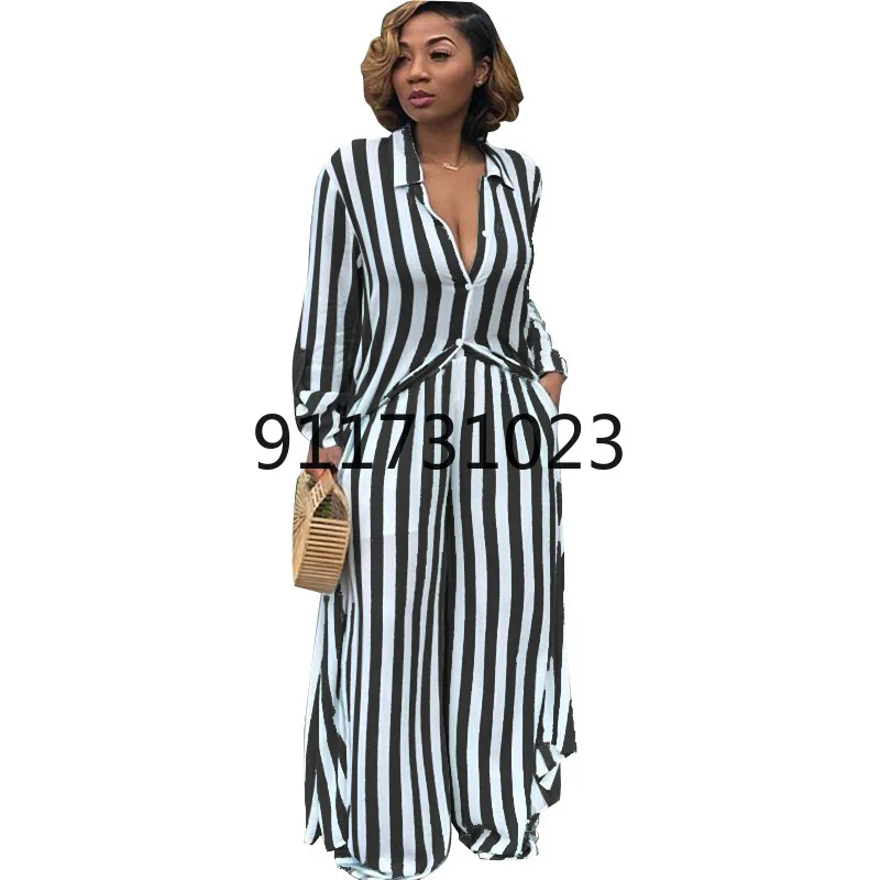 Women 2 Piece Matching Set Casual Striped Print Loose Long Shirt Wide Leg Pants Two-piece Suit Plus Size Outfits Yellow Clothes |