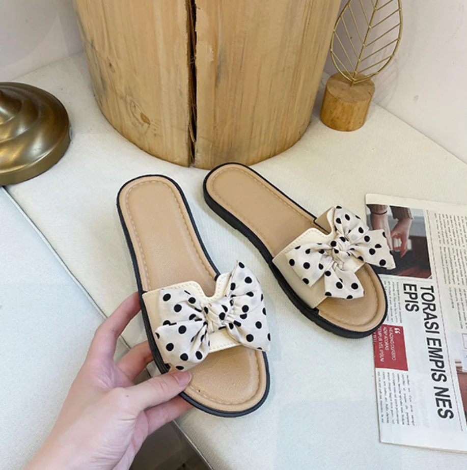 

Ladies Summer Casual Slippers Comfortable Flat Slippers Polka Dot Bowknot Flip Flops Platform Sandals Ladies Indoor Shoes