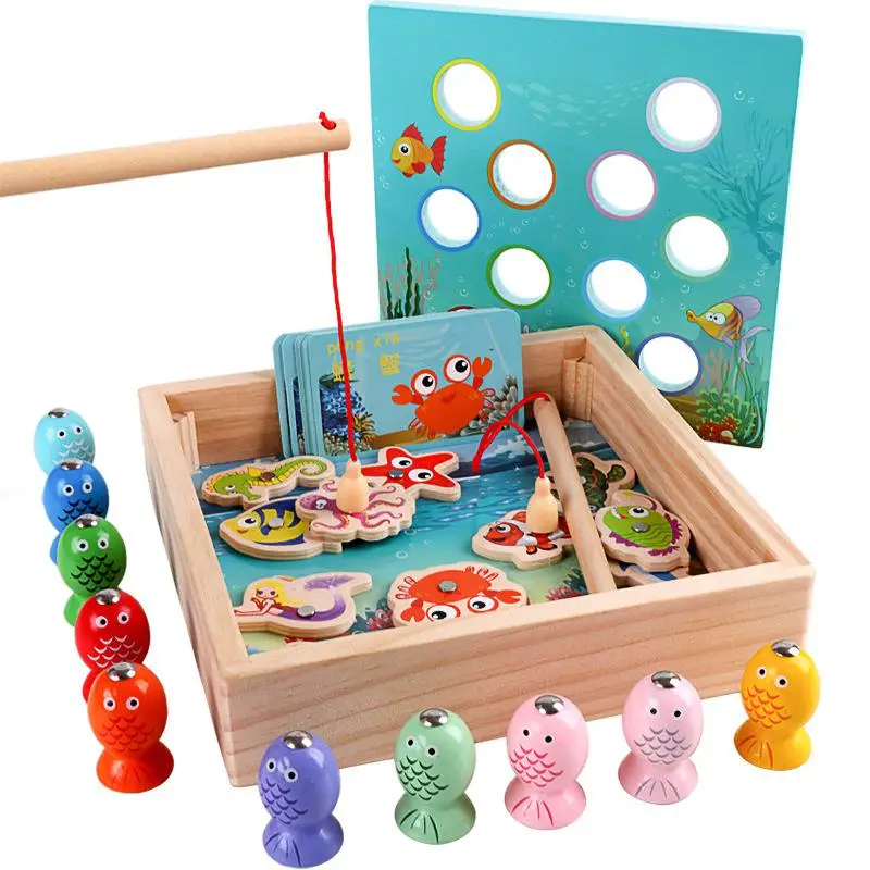 

Children's Wooden Toys Magnetic Games Fishing Games Kids 3d Fish Baby Outdoor Early Education Puzzle Catch Bug Baby Toys Gifts