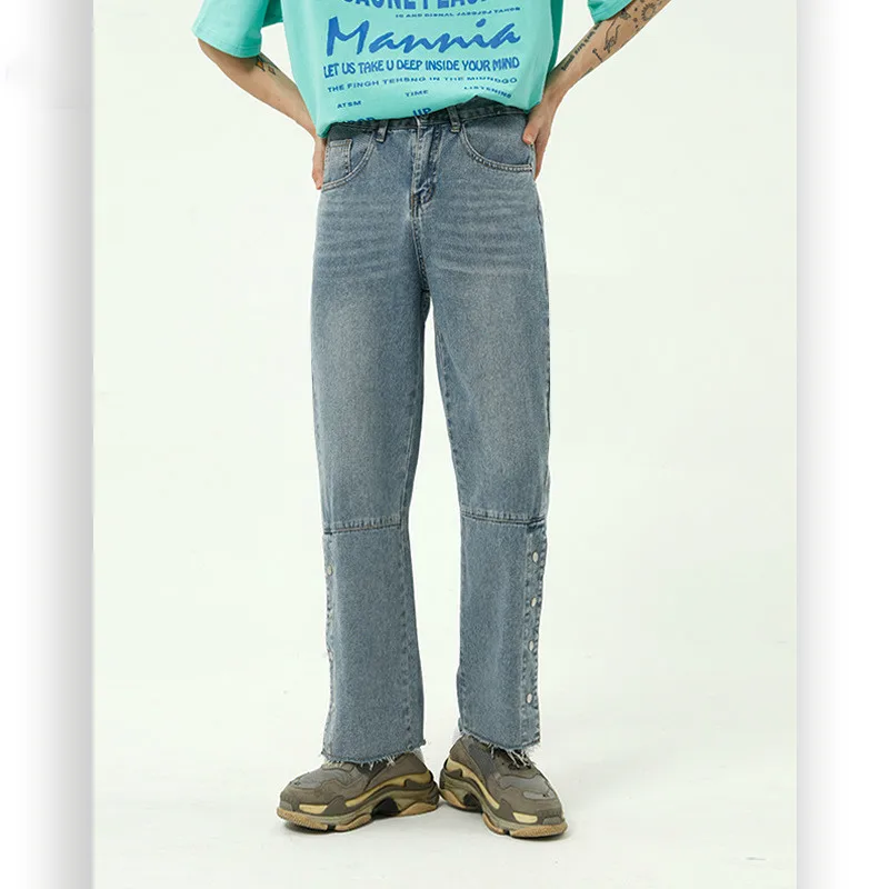 

По низким ценам Мужские Винтажные модные уличная одежда в стиле «хип-хоп» с заклепками ноги повседневные Прямые брюки с джинсовыми штанами,...