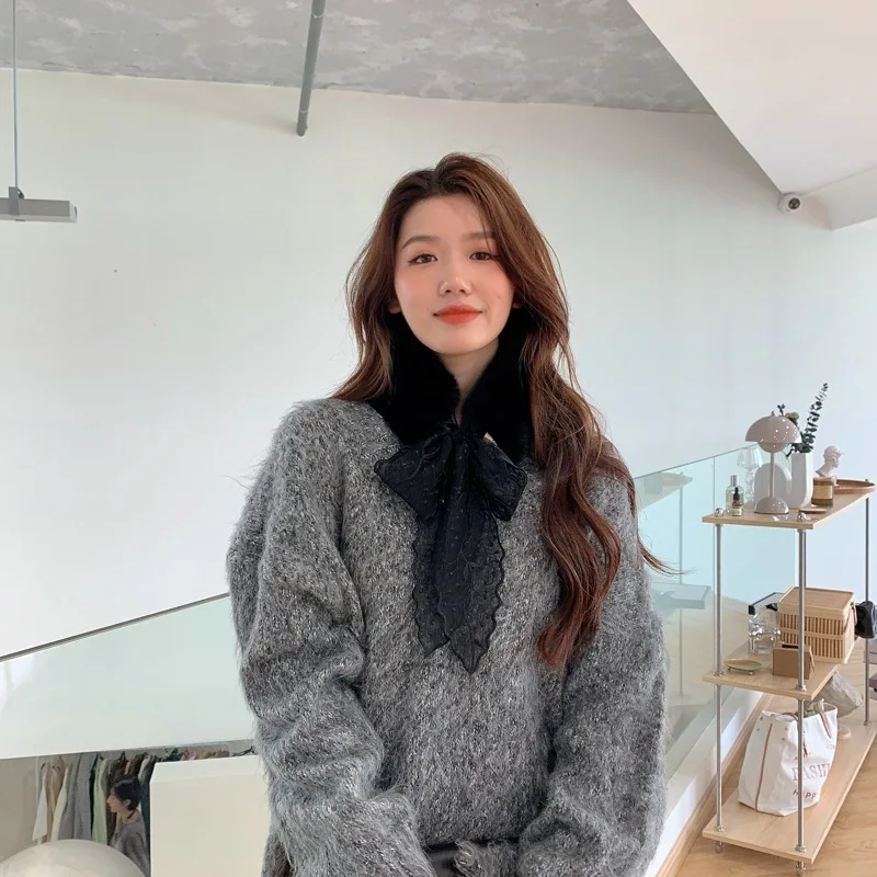 

Korea Style Cute Strip Lace Leaves Pattern Intersection Simple Knitting Cross Lazy With a Warm Small Scarf Women Scarf