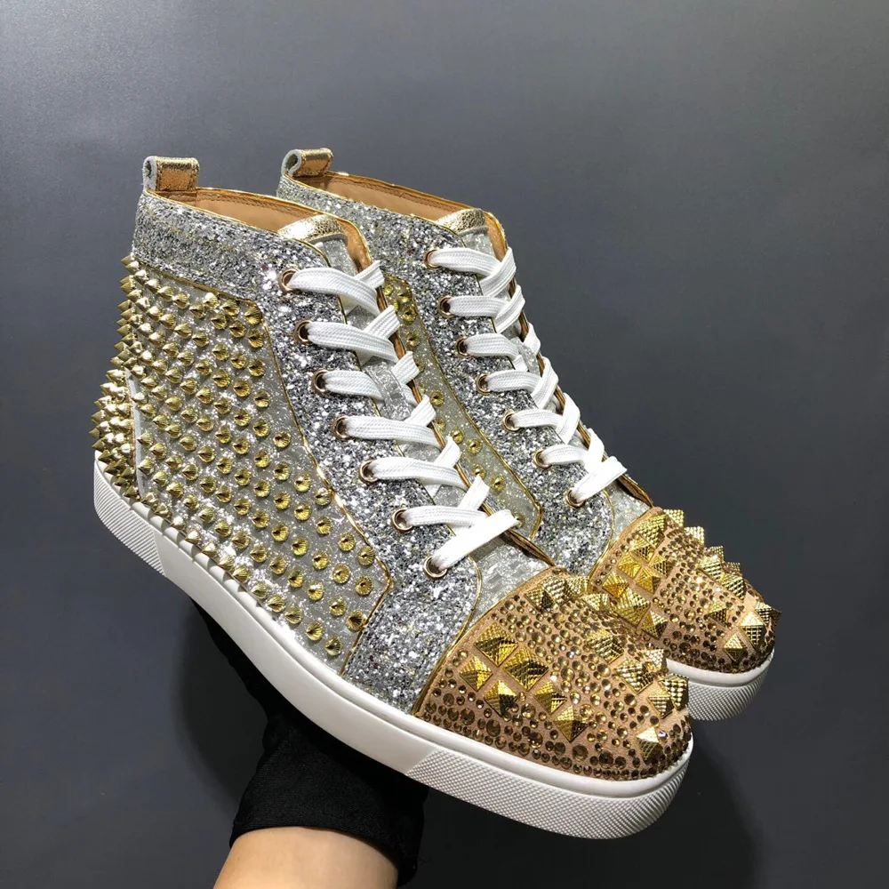 

High Top Gold Genuine Leather Glitter Rhinestone Rivet Ladies Red Bottom For Men Spikes Casual Flats Loafers Shoes Factory Sales