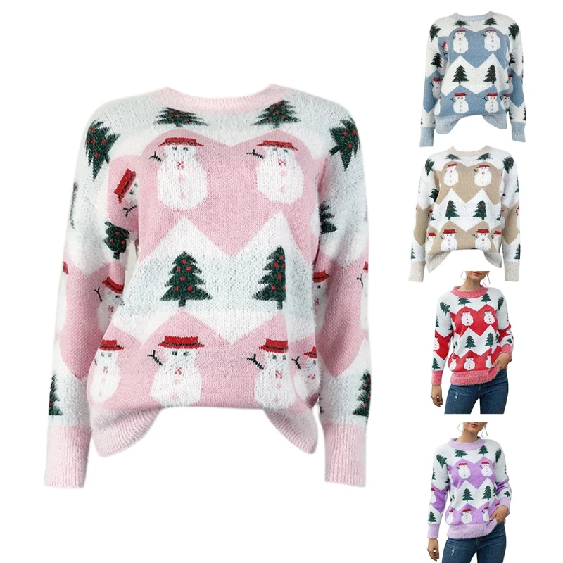 

Women Winter Long Sleeve O-Neck Sweater Christmas Tree Snowman Striped Print Pullover Tops Thick Warm Knit Loose Jumper
