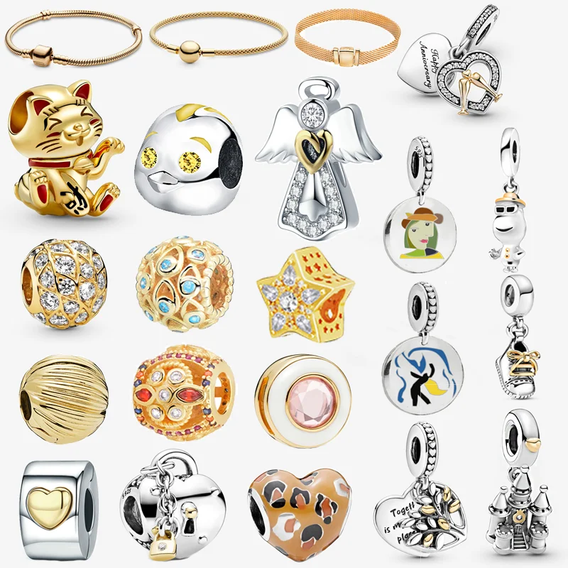 

925 Sterling Silver Beads 14k Gold Two-Tone Angel Wings Dangle Charms Collection Fit Pandora Bracelets Women DIY Jewelry Gift