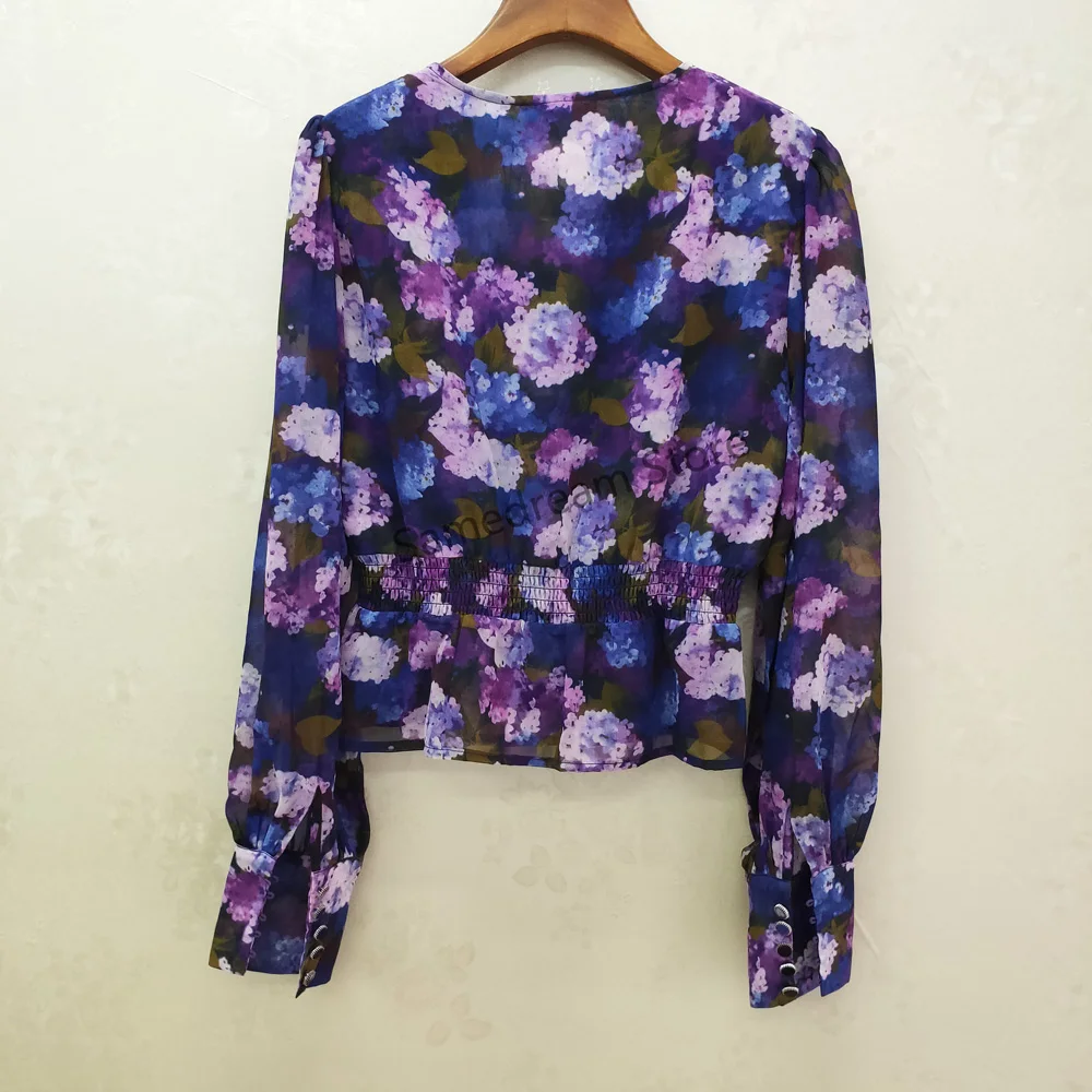 

lady blouse autumn winter new V-neck print women shirt tops puff sleeve temperament