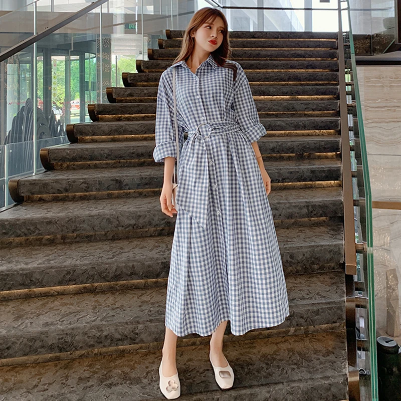 Женское хлопковое клетчатое длинное платье элегантное винтажное в клетку с