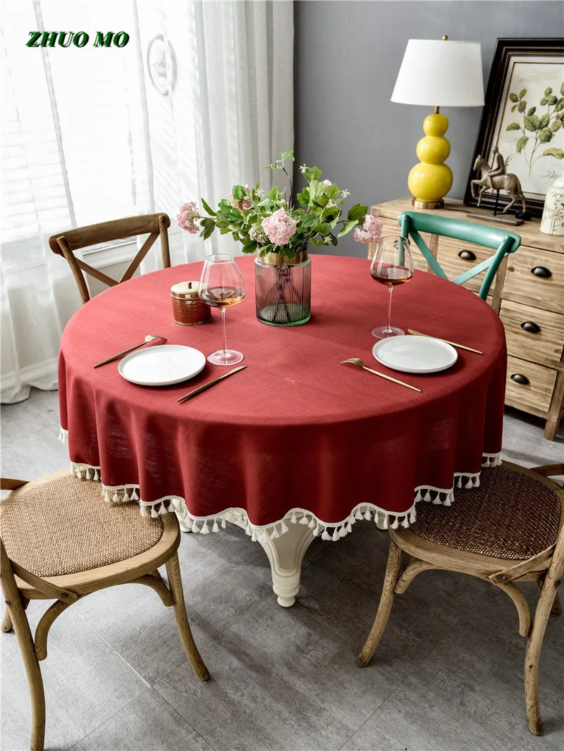 

Fringed lace round tablecloth for home kitchen solid color cotton and linen round Coffee shop restaurant table cloth table cover