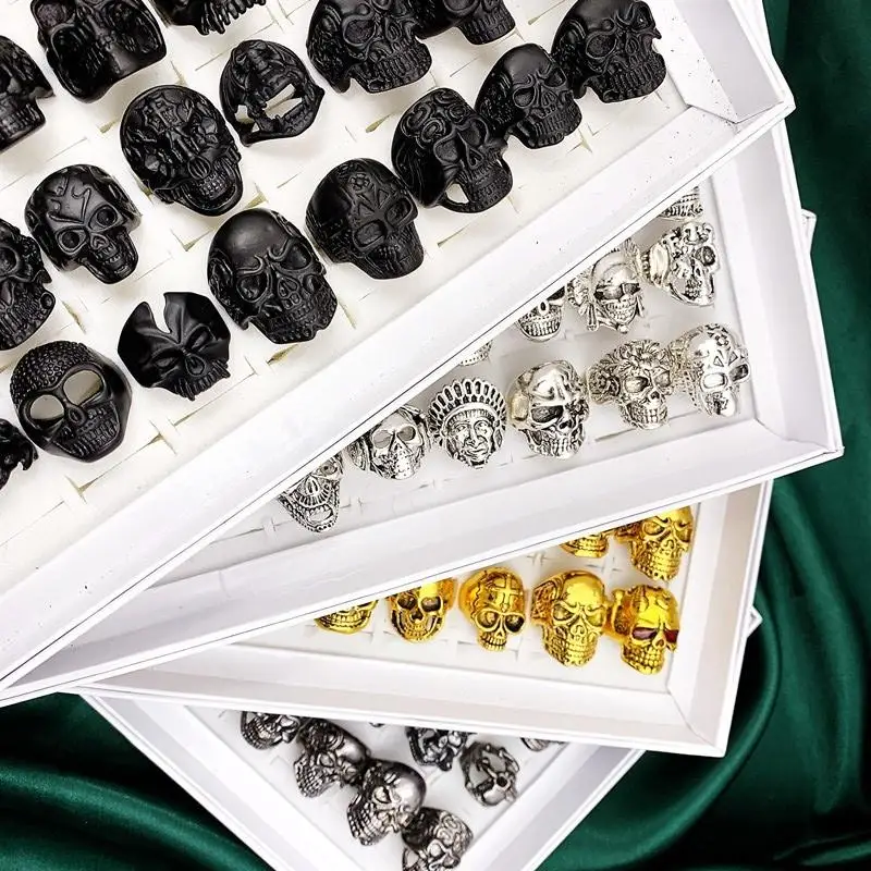 2022 5Pcs/Lot Gothic Punk Skull Ring for Men Vintage Alloy Women Black Gold Silver ColorTough Guy Skeleton Jewelry Gift Skullies