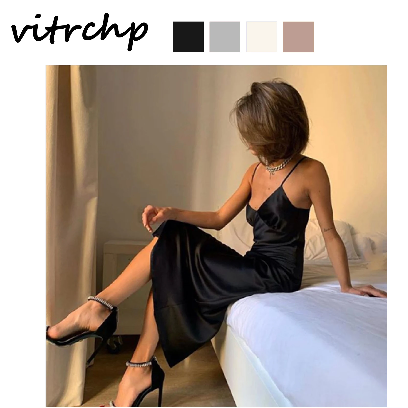 

VITRCHP 2021 Women Satin Deep V Neck Sexy Dress Solid Straight Pajamas Party Dress Elegant Female Summer Spaghetti Strap Casual