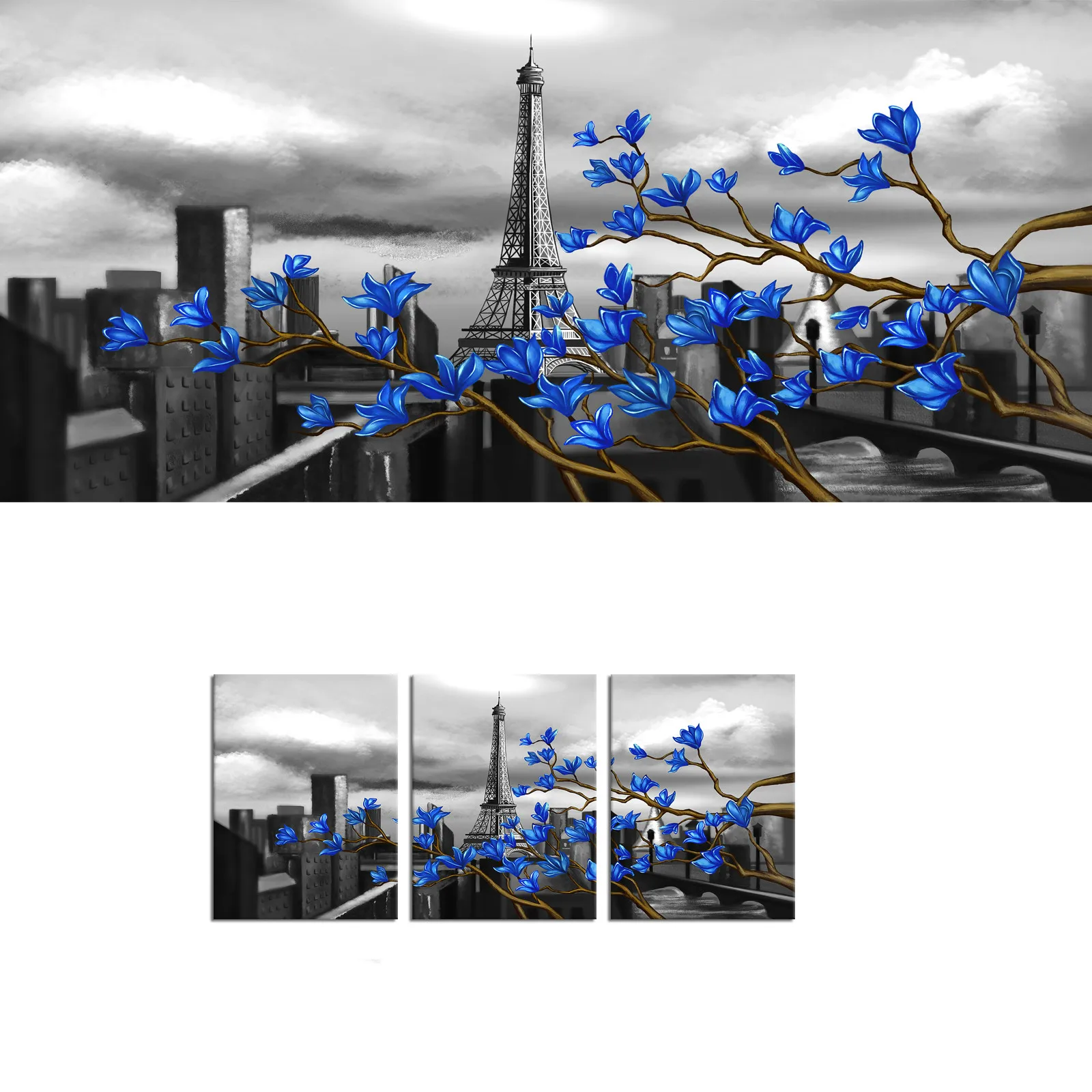 

3 Panels Poster on The Wall Blue Flowers Canvas Wall Decor Eiffel Tower Abstract Painting Decorations for The Room