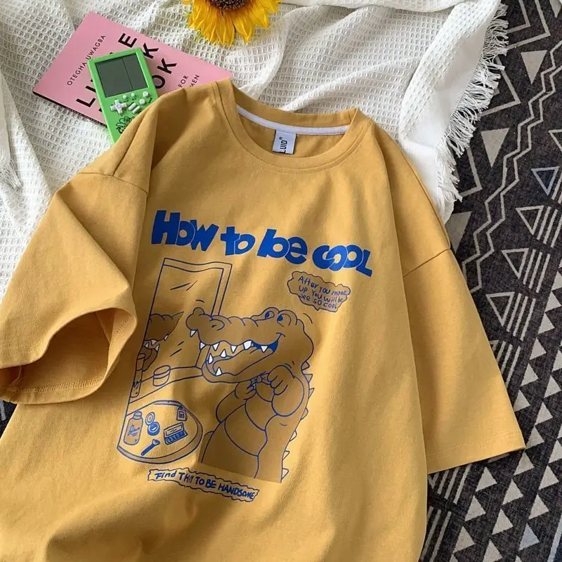 

Pure Cotton Dinosaur How To Be Cool Cartoon Harajuku T Shirts O-neck Overszied T Shirt Vintage Brand Summer Tops Lovers Casual
