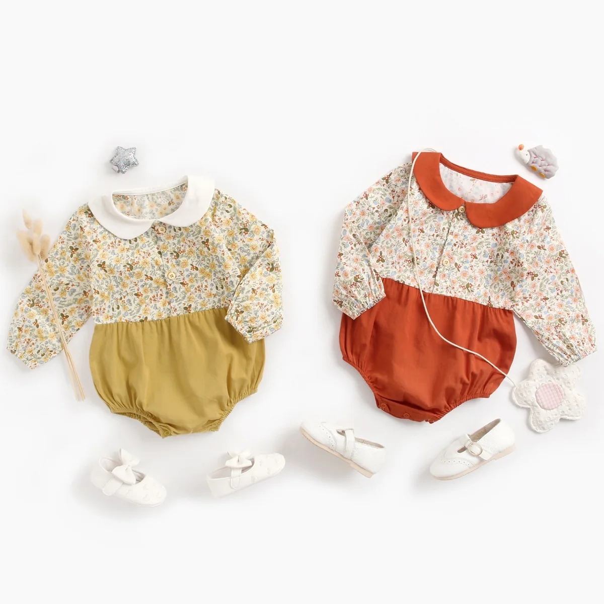 

Newborn Baby Ditsy Floral Patched Romper Autumn Winter Girls Long Sleeve Front Buttons Bodysuits Baby Playsuits Infant Jumpsuits