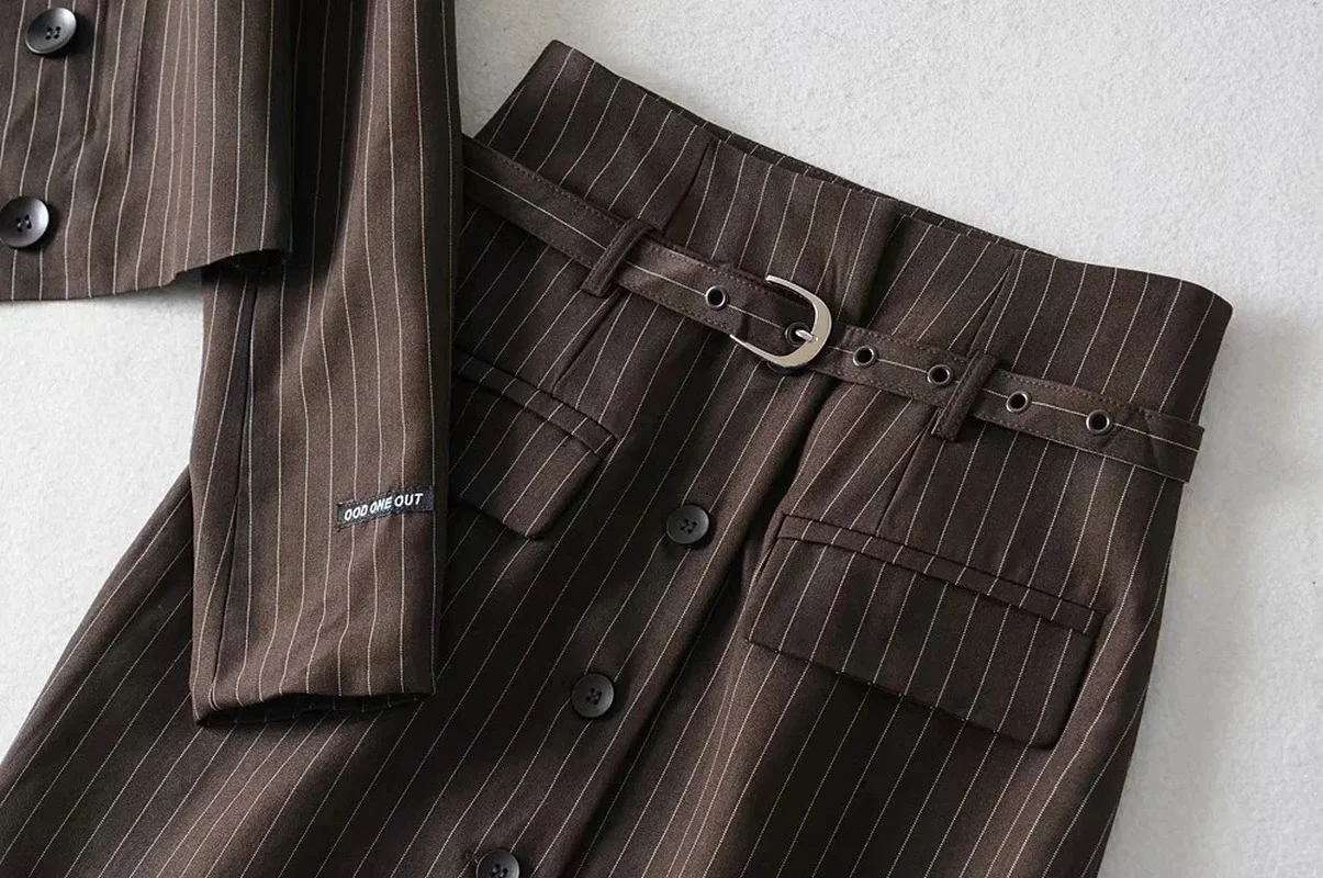 Student Slim Blazer Suit Two Piece Set Women Casual Commute Blazer Preppy Style Mini Skirts Set Single Breasted Striped Blazer