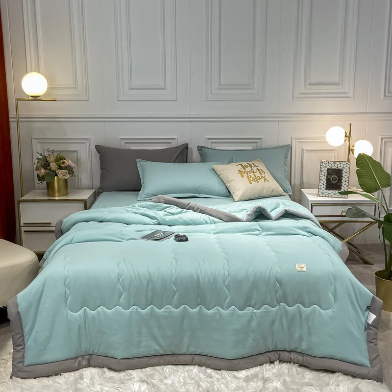 

New 1Pc Summer Comforter Or Quilt Set Washed Cotton Solid Grey Camel Bedspread Patchword Bedclothes For Kids Adults Home Textile