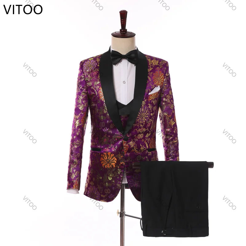 

3 Piece Jacquard Floral Print Wedding Suit Young Adult Men Set Purple Custom Size Dinner Birthday Party Groom Best Man Reception