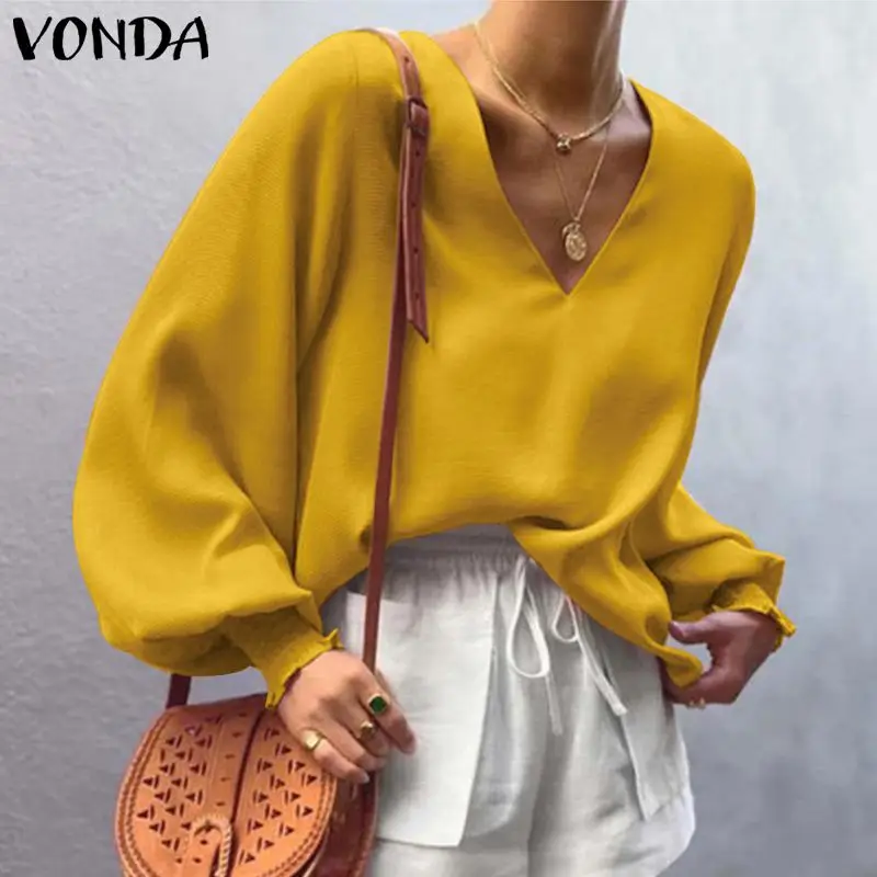 

Women Solid Color Blouse Lantern Sleeve Casual Tops VONDA 2022 Holiday Sexy V Neck Party Tops Spring Summer Blusas Femininas