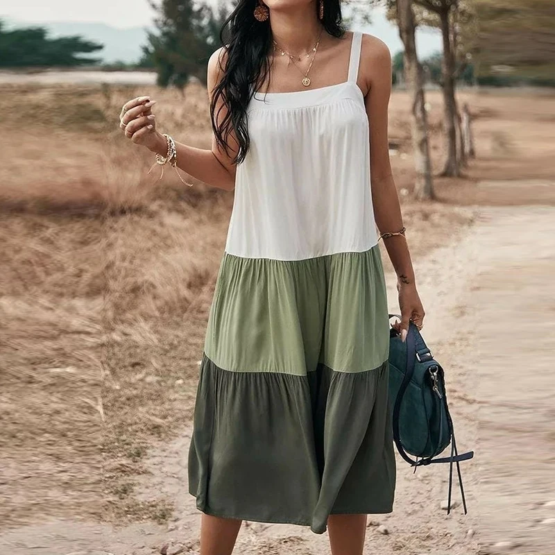 

Длинное платье на бретельках Dabourfeel, повседневное лоскутное платье без рукавов, без бретелек, с карманами, свободное для отдыха, пляжа, лето ...