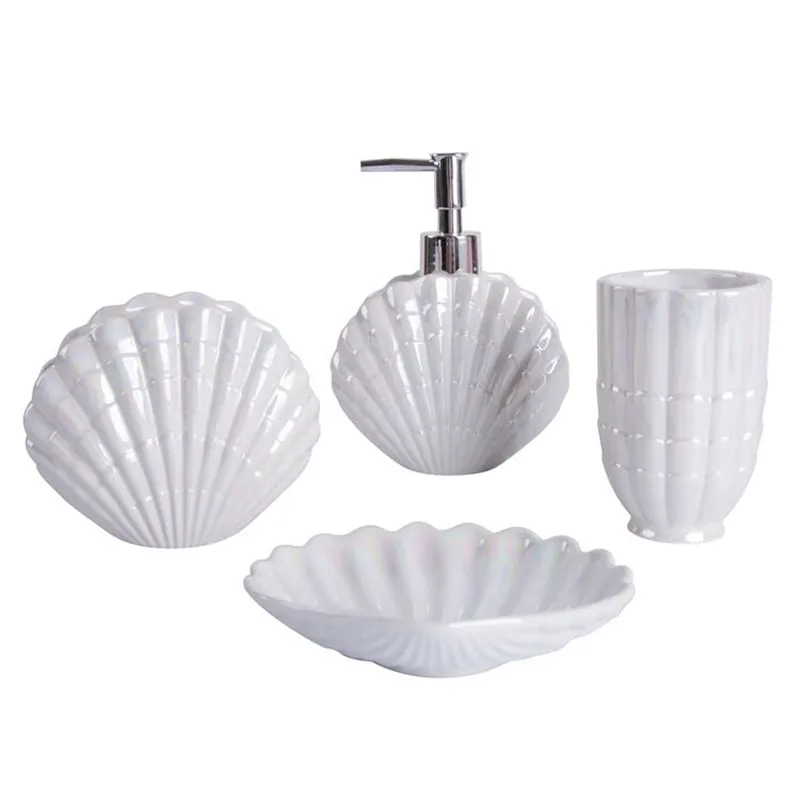 

Ceramic Shell shape Bathroom Accessory Set Washing Tools Bottle Mouthwash Cup Soap Toothbrush Holder Household Articles pf92021