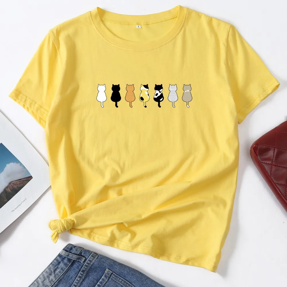

Cute Cats Pet Print Animal Lovers Summer Women Crew Neck Short Sleeve Cotton T-Shirt Top Female Clothes Graphic Tee Shirt Tops