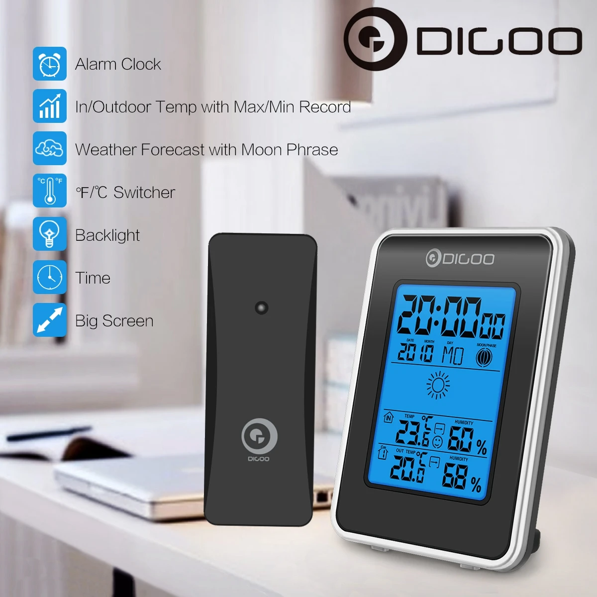 Digoo DG-TH1981 ЖК-Цифровая метеостанция+ беспроводной открытый датчик погоды гигрометр термометр часы с голубой подсветкой