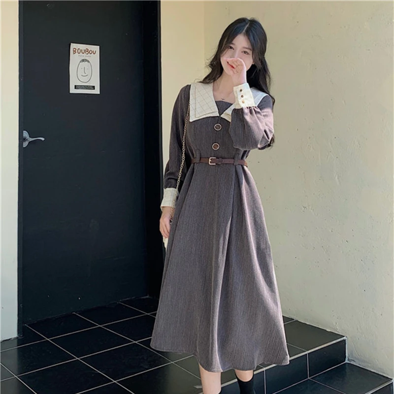 

Women Elegant Vintage Corduroy Dress Double Layer Collar Lantern Sleeve Belt Casual Dresses Vestidos
