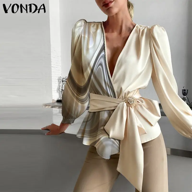 

VONDA Blouse Women Tops Ladies Deep V Neck Bow Blouse Bohemian Blusas Femininas Autumn Vintage Printed Puff Sleeve V Neck Tops