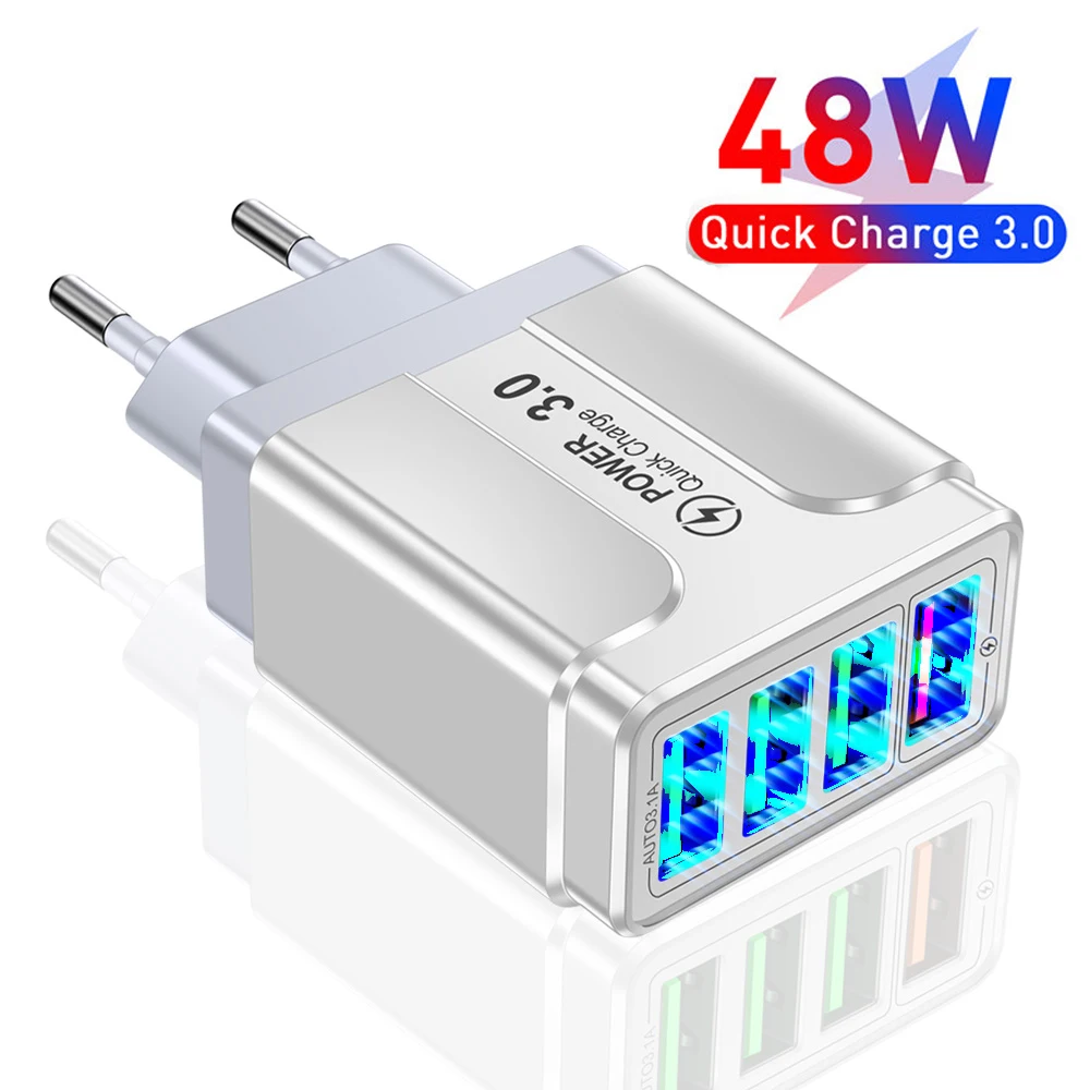 

Cargador de teléfono móvil de 48W, adaptador de carga rápida 3,0, 4,0 LED, iluminación, 4 USB, para Samsung, iPhone 12, tabletas