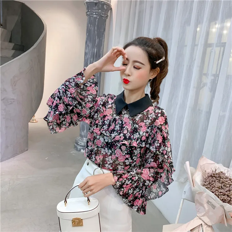 Spring Sweet Style Loose Print Blouse Women Shirts Chiffon Fashion Brand Korean Clothes Flare Sleeve Ruffles Floral Ladies Tops | Женская